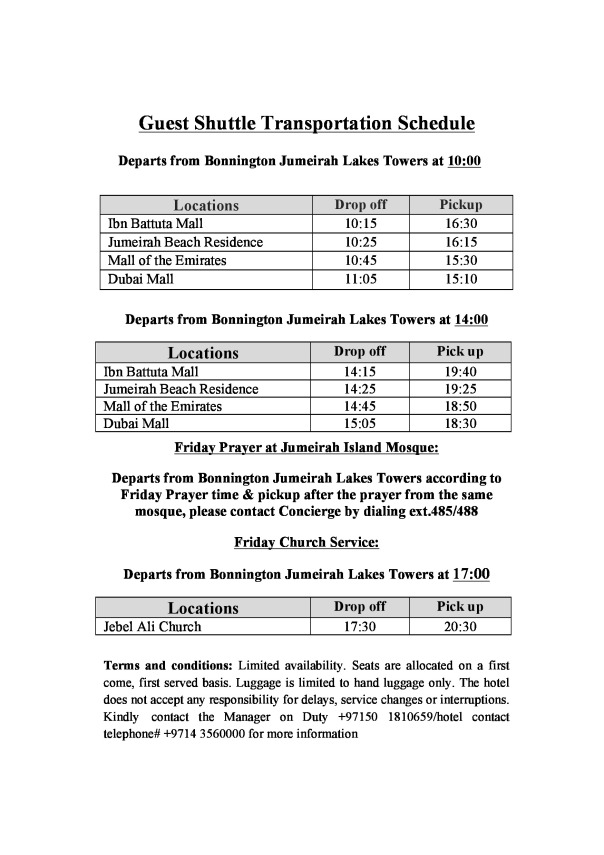 Guest Shuttle Schedule Bonnington Jumeirah Lakes Towers - 092015